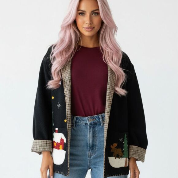 Vintage Country Christmas Fleece Open Front Cardigan Jacket Felt Patchwork - Picture 2 of 13